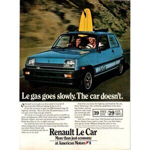 1981 Renault Le Car Hatchback Vintage Print Ad Surfboard Sunroof Coast Wall Art